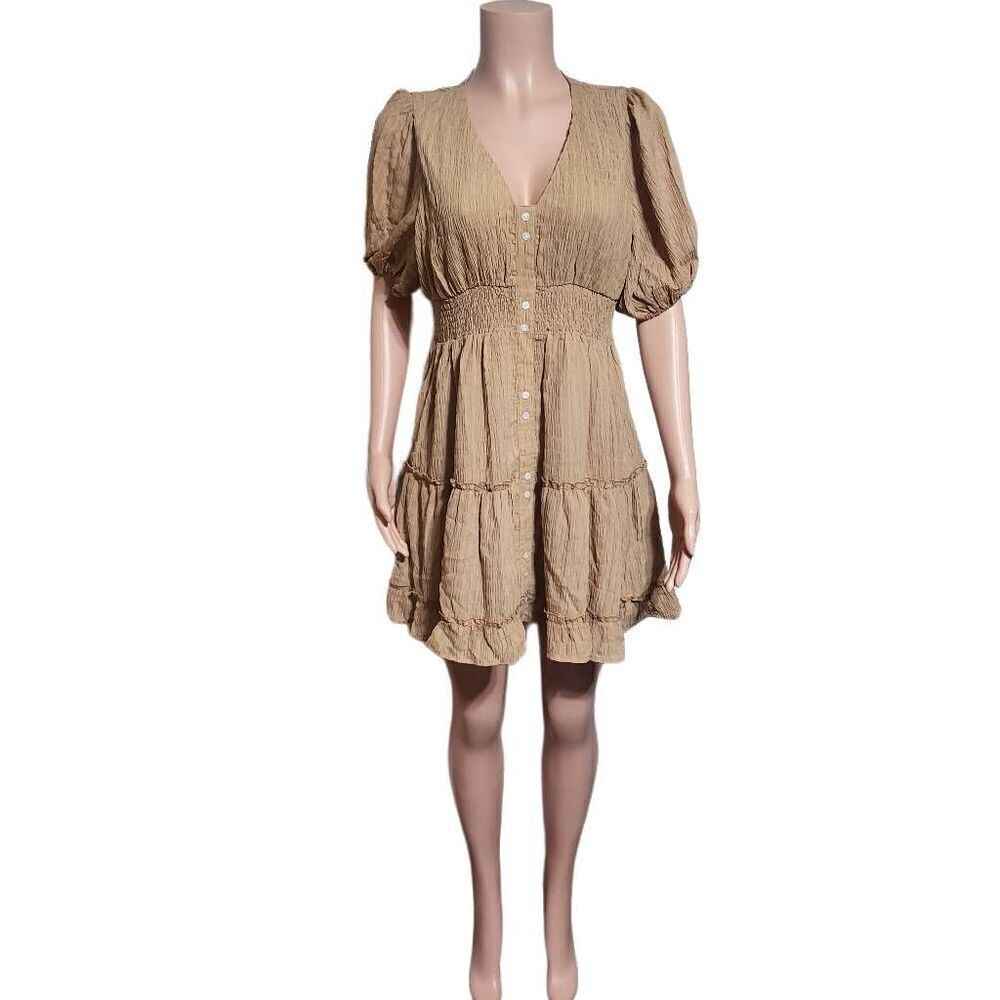 PeachLove Women's mocha short puff sleeve ruffled tiered mini casual dress S,M,L